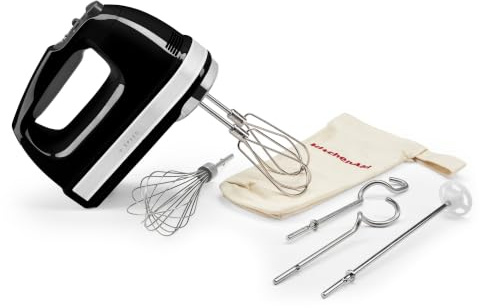 KitchenAid 5KHM9212BOB Batteur manuel à 9 vitesses, moteur CC puissant, avec 5 accessoires en acier inoxydable (batteurs, fouet, crochets pétrisseurs, tige de mélange) et sac de rangement, noir onyx