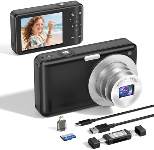 Fotocamera digitale 4K 64MP: zoom ottico 12X fotocamera digitale compatta portatile con autofocus, anti-shake e scheda tascabile da 64 GB per vlogging viaggi per adulti adolescenti studenti