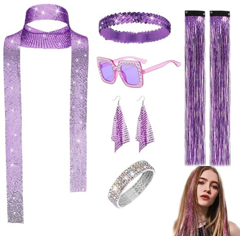 ChunDA 7 Stück 70er 80er Jahre Disco Zubehör Accessoires, 70er Jahre Outfit Damen Glitzer, Disco Outfit Damen mit Ohrringe Pailletten Schal Sonnenbrille Armband Haarverlängerung Haarband
