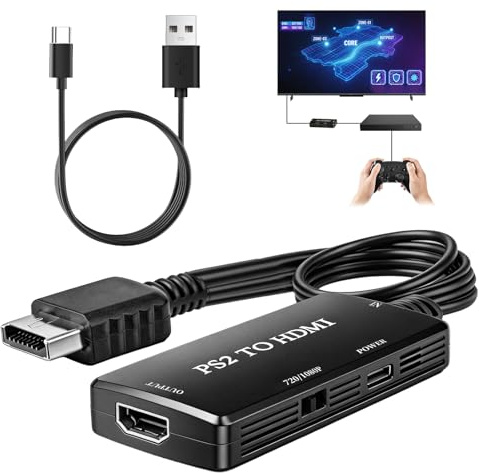 iwui PS2 to HDMI Converter for PS1 PS2 to HDMI Adapter | with 720P/1080P Monitor Projector, Support HD 16:9 4:3 Output Switch, Cable Adapter for Playstation 2 Consoles