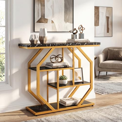 COSTWAY Console Meuble 100 cm, Console d'Entrée Moderne à 4 Niveaux, Étagère Ouvertes Arrière Canapé, Base Circulaire, Design Marbre, Cadre en Métal, pour Petits Espaces, Couloir, Salon