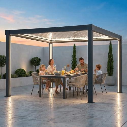 SUNJOY Louvred Pergola with Solar LED Lights, 3 x 3 m All-Weather Aluminium Hardtop Gazebo, Remote Control Adjustable Roof, Integrated Drainage, Wind & Snow Resistant Outdoor Shelter