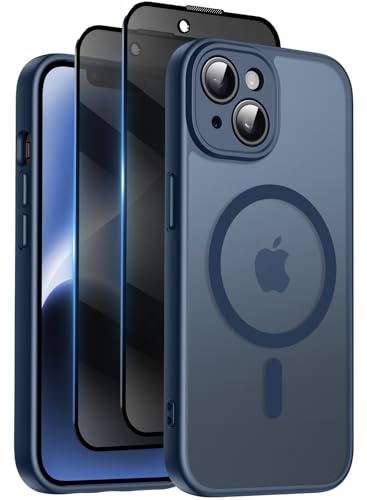 Qasyfanc for iPhone 14 Plus Case, Privacy Screen Protectors X2, Blue | Compatible with MagSafe, Camera Protection, 15FT Military Drop Protection, Translucent Matte Shockproof Phone Cover