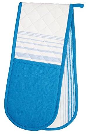 KitchenCraft 100% Cotton 'Jacquard Stripe' Printed Double Oven Gloves, 86 x 18 cm (34 x 7) - Cream / Blue