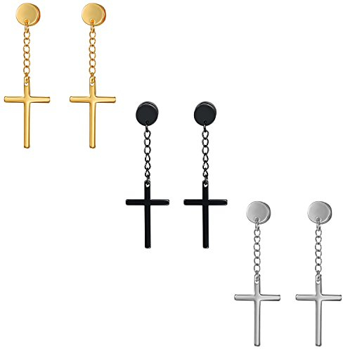 JewelryWe Schmuck 3 Paare Ohrringe, Kreis Ohrstecker mit Baumelnde Kreuz für Herren Damen Jungen, Edelstahl, Schraube Wieder, Silber/Gold/Rosegold