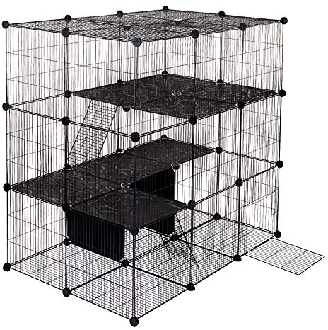 ELIGHTRY Freigehege für Kaninchen & Kleintiere - 52-teiliges DIY-Set mit Tür und Leiter (35x35cm/Platte, 109x109x74 cm) - Auslaufgitter für Meerschweinchen, Hasen, Hamster, Schwarz
