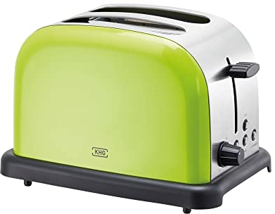 KHG Edelstahl Toaster mit Brötchenaufsatz, 2 Scheiben | 6 Bräunungsstufen mit Bräunungskontrolle, Krümelfach | 1000W Leistung | Außengehäuse - Limettengrün, Retro, Vintage, American Diner Style