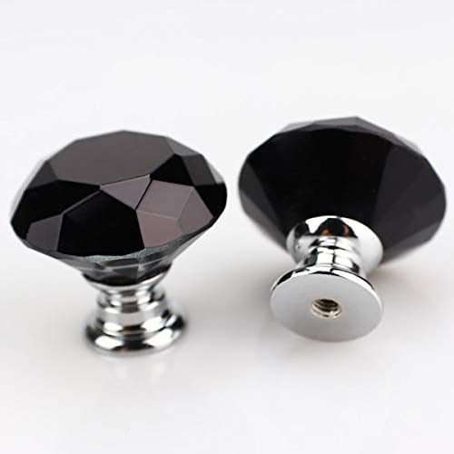 2PCS 40mm Crystal Glass Door Knobs Clear Diamond Pull Handle Aluminium Alloy with Screw for Drawer Cabinet Furniture Kitchen Home Decorating (Black)