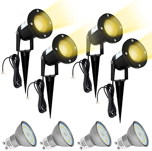 Wondlumi Iluminación de jardín GU10 set de 4 focos de jardín IP65 lámpara de jardín orientable antracita con pincho de suelo incl. bombilla LED blanco cálido de 5W