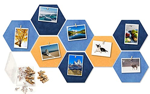 Ommda Pinnwände Modern 8 Stück Pinnwand Hexagon Filz Pin Board Groß 30x26x1cm Gelb Blau Marine mit 30 Stück Roségold Pinnnadeln und 10 Stück holz Push Pin Clips DIY Dekoration für Wand