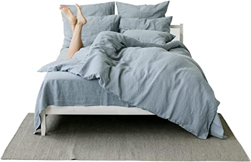 My Linen Home | Leinen Bettwäsche Set | 100% Stonewashed Leinen | Bettwäsche Leinen Single Set | Bettwäsche 155x220 cm - 1 Deckenbezug | 1 Kissenbezug 40x80 cm | Grau Blau