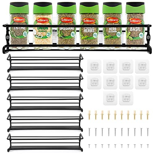 Vinsani 1/2/3/4/5/6 Tier Spice Racks Organiser - 5 Tier Flexible Herb Spices Condiments Jar Wall Mounted Hanging Storage with Adhesive Stickers & Screws For Pantry Kitchen Walls (Black)