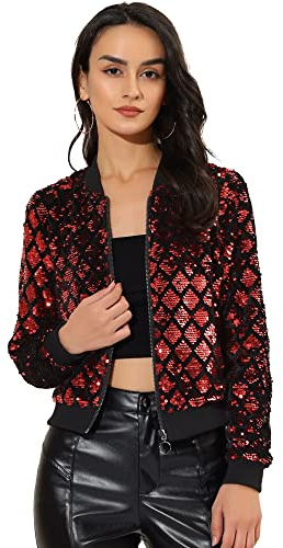 Allegra K Damen Bomberjacke Langarm Glitzer Reißverschluss Pailletten Jacke, rot, M
