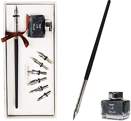AOMAYLL Ensemble de stylos calligraphie, étui d'écriture avec 7 plumes et encre noire - Convient pour Signatures, Dessin, Ecriture, Décoration et Cadeau