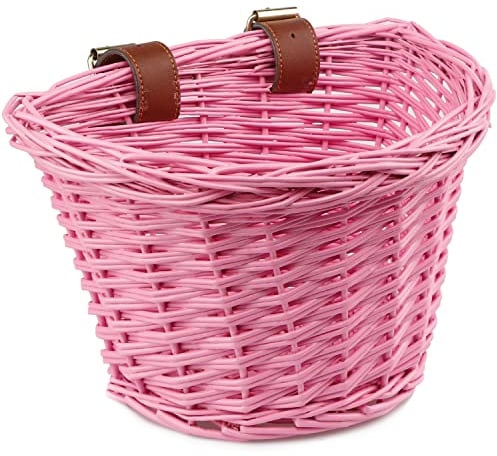 AVASTA Fahrradkorb für Kinder, Wicker Fahrradkorb für 12, 14, 16 Fahrrad, Roller, Dreirad, Lieferung mit Lederriemen, Größe XS, Rosa