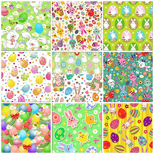 10 Stück Ostern Thema Baumwolle Stoff Ostern Bedruckte Baumwolle Stoff Frohe Ostern Stoff Bündel Ei Kaninchen Muster Ostern Thematisiert Dekoration Stoff Patchwork für DIY Ostern Party Ornamente