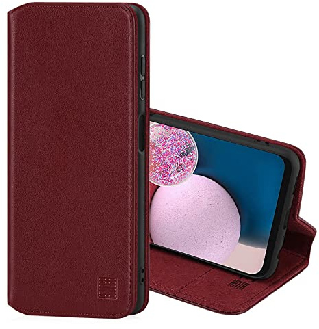 32nd Classic Series 2.0 - Real Leather Book Wallet Flip Case Cover For Samsung Galaxy A13 4G (2022) & A04S (2022), Real Leather Design With Card Slot, Magnetic Closure and Built In Stand - Burgundy