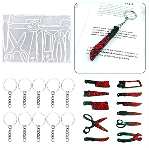 HyzaPhix Resin Keychain Moulds Dagger Resin Moulds Scissors Epoxy Casting Mold Knife Silicone Mold Jewelry Making Supplies with Holes for DIY Making Pendant Halloween Decoration Ornaments (11 shapes)