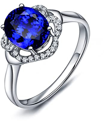 Weissgold Ring, Ring Damen Verlobungsring 18 Karat (750) mit 1,9ct Blau Ovalschliff Tansanit Größe 45 (14,3)
