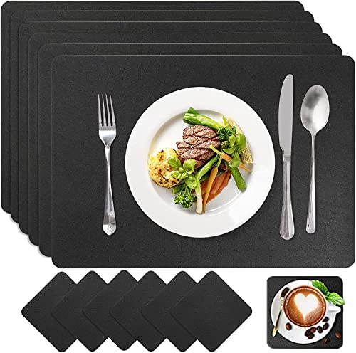 Sagittar Premium Tischset aus Leder-Imitat Abwaschbare, 6 Platzsets und 6 Glas Untersetzer, Moderner Stil Hitzebeständig Platzdeckchen, Echtholz Tisch Geeignet, Schwarz (44x30cm)