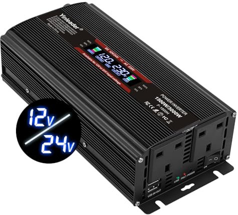 Yinleader 1500W /3000W Power Inverter DC 12V/24V to 240V AC Converter LCD Display 2 AC sockets 1 USB-Suitable for Travel, Camping, RV