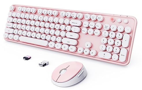 Wireless Keyboard and Mouse Combo, Ergonomic Full Size Typewriter Retro Round Keycaps Keyboard, Compatible with Windows, PC, Perfer for Home and Office Keyboards (Lovely Pink)