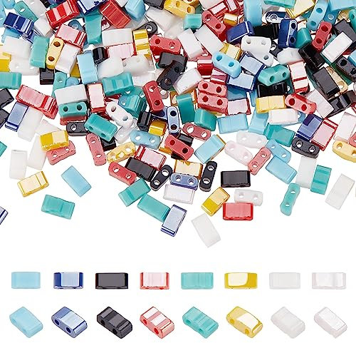 SUNNYCLUE 1Boîte 800Pcs 8 Style 1/2 Perles de Tila Double Trou Perles de Verre Perles de Carrelage en Vrac Perle de Rocaille de Verre Mini Entretoise Plate Perles en Vrac pour la Fabrication de Bijou