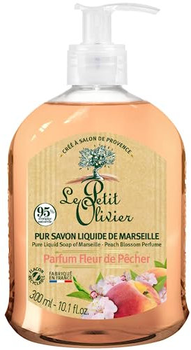 LE PETIT OLIVIER - Lot De 12 - Pur Savon Liquide De Marseille - Parfum Fleur De Pêcher De La Région De Grasse - Nettoie La Peau En Douceur - 95% D'Origine Naturelle - Fabriqué En France - 300ml