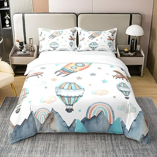 Castle Fairy Kinder Flugzeug Bettbezug-Set 100% natürliche Baumwolle Twin Size Flugzeug Rakete Raumschiff Heißluftballon Super Soft Bettwäsche Set 2 PCS Stern Regenbogen Berg Baumwolle Tröster Bezug