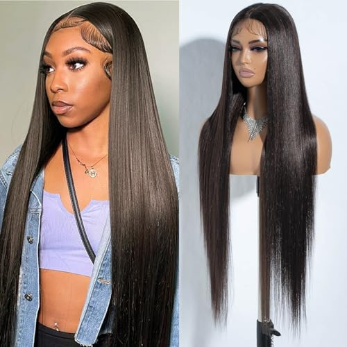 Joedir 86 cm Lange Yaki Gerade Spitze Front Synthetische Perücken Mittelteil HD Transparent Kleberlose Spitze Perücke Hitzebeständig Faser Vorgezupft Haaransatz mit Babyhaar Perücke für Frauen