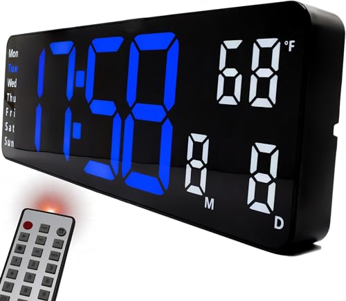 OPIS Clock 1 XL 32 cm – Wanduhr Digital in Blau mit Fernbedienung, Temperaturanzeige, Datum, Wochentag, Stoppuhr, 2 Alarmen, Countdown u. v. m.