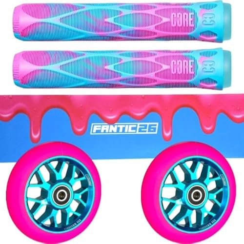 Fantic26 Stunt-Scooter Trick Roller Ersatzteile Bundle I Core Pro Refresher Griffe mit Barends I F26 Spy7 110mm Aben11 Rollen I Griptape Slime Pink/Türkis)