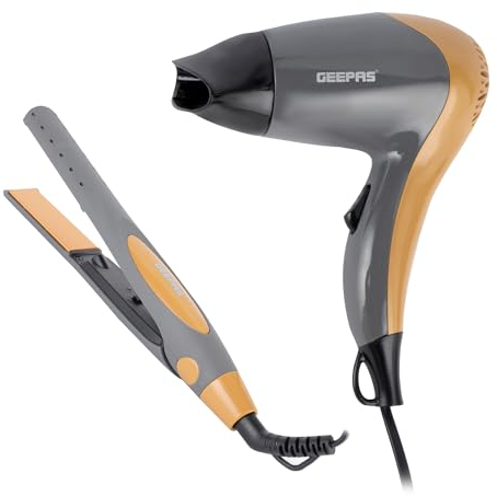 Geepas 2-in-1 Travel Hair Dryer & Hair Straightener Combo Set | 1200W Hair Dryer with 2 Speed & 2 Heat Setting Concentrator | 35W Hair Straightener with Ceramic Plates, PTC Heater | Portable