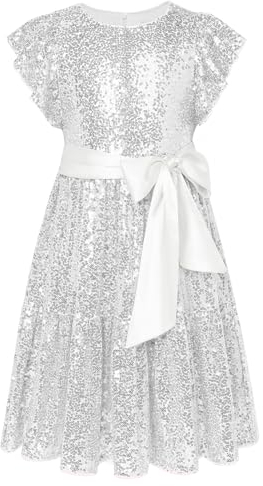 GRACE KARIN Mädchen Glitzer Pailletten Kleid Kurzarm A-Linie Prinzessin Kleid mit Schleife Geburtstag Partykleid Silber 7 Jahre