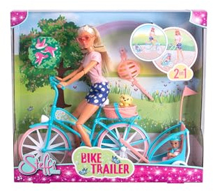 Steffi Love Bike Trailer, Spielpuppe auf ihrem Fahrrad mit Anhänger fürs Baby, Hund und Helmen, ab 3 Jahren