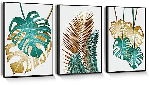MHARTK66 Cadre Noir Tableau Decoration Murale Salon Moderne Toile Monstera Doré et Vert Affiche Décoration Plantes Vertes Impression sur Toile Decoration Murale Chambre Salle de Bain