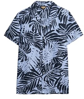 Superdry Herren Leinenhemd mit offenem Kragen und Print Palmenblauer Philip Print M