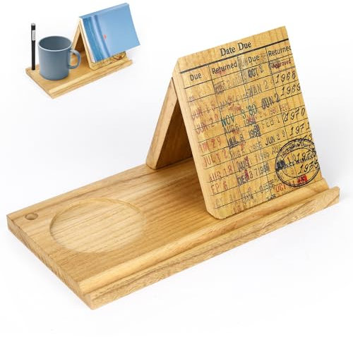 Holz Dreieck Buchständer mit Getränkehalter, Bibliothekskarten-Design Buchhalter Seitenablage, Nachttisch Buchhalter mit Stiftschlitz, Geschenk für Buchliebhaber, Leser, Bibliothekare, Schriftsteller