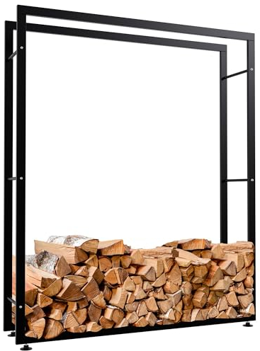 CLP Keri V2 I - Soporte para leña de chimenea de metal negro, con protectores de suelo, ayuda para apilar leña, color: negro, tamaño: 25 x 125 x 150 cm