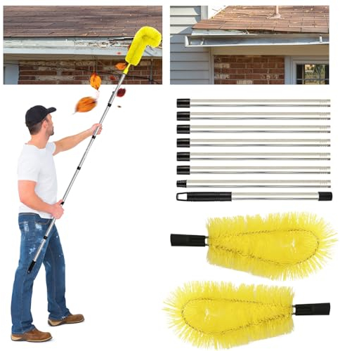 Qivine Brosse de Nettoyage de Gouttière avec Manche Télescopique Extensible de 310cm, Brosse de Nettoyage Pliable avec 2 Brosses, pour Enlever Les Feuilles et Les Débris des Gouttières (Jaune)