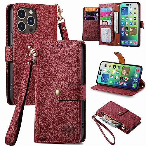 VEEMOS Zipper Wallet Case for Apple iPhone 14 Pro Max Phone Case with Purse Card Holders RFID Blocking Leather Flip Case Book Cover Wrist Strap Women - Red