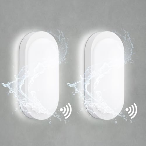 Oraymin 2 Stück Wandleuchte mit Bewegungsmelder Innen, IP65 Kellerlampe LED Wandlampe, 12W 1080LM Deckenlampe mit Bewegungsmelder, 4000K Feuchtraumleuchte für Keller Treppe Garage Flur