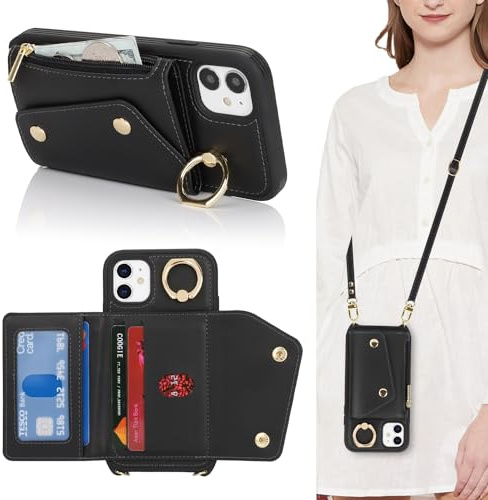 Lipvina Hülle für iPhone 11 Hülle mit Band Kartenhalter handyhülle Hülle für iPhone 11 mit Reißverschluss Band Ring Ständer Case für Frauen - Schwarz