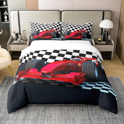 Loussiesd Jungen Auto Bettwäsche Set Geometrische Formel Rennwagen Bettwäsche Set 135x200cm 100% Baumwolle Kinder Jungs Extremsport Bettbezug Set für Jugend Mann Bettwäsche-Set Formel Auto Drucken
