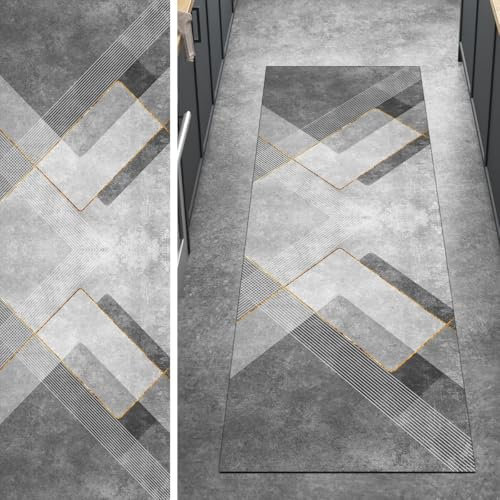 Ymural Teppich Läufer Flur rutschfest Küche 100x450CM Grau rutschfest Lang Modern Meterware Kurzflor Polyester Korridor Schlafzimmer Anpassbar