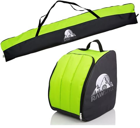Rawstyle Ski-Set 190cm schwarz-hellgrün: Ski-Schuh-Tasche & Skitasche, wasserdicht, Cordura-Gewebe, Reißverschluss, Tragegriff, 42 x 40 x 30 cm