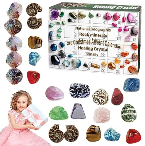 Weihnachtsab Adventskalender 2024, 24 Tage Kristall Adventskalender 2024 24 Gitter Crystal Stone Minerals Fossilien Weihnachtskalender Rock -Kollektion, 2024 Adventskalender