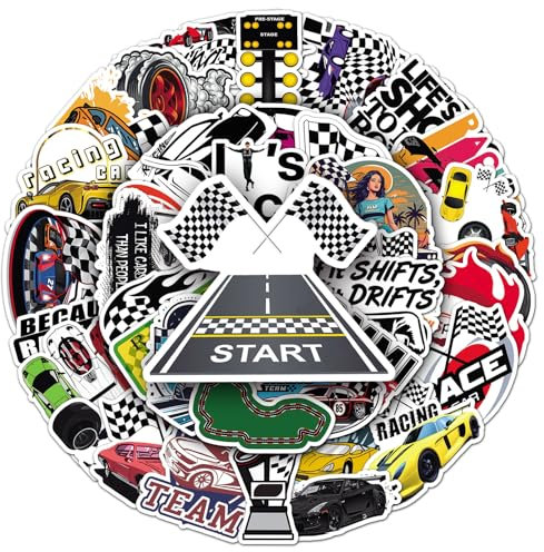 50Pcs Racing Car Stickers Laptop Car Scrapbook Phone Skateboard Suitcase Luggage Bike Racing Car Vinyl Waterproof Aesthetic Personalised Stickers for Teens Boys Girls Adults
