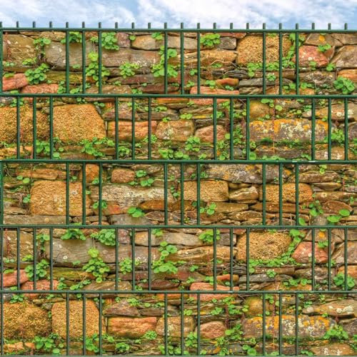 M-tec print® Sichtschutzstreifen bedruckt | Motiv: Natursteinmauer | 3er Pack | Premiumqualität für Doppelstabmattenzaun