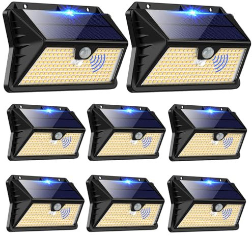 OUILA Solarlampen für Außen Wand【8 Stück】, 185 LED 3 Modi Solar Aussenleuchte mit Bewegungsmelder, IP65 Wasserdichte LED Solar Wandleuchte, Garten, Hof, Zaunbeleuchtung, Haustüren(Warmweiß